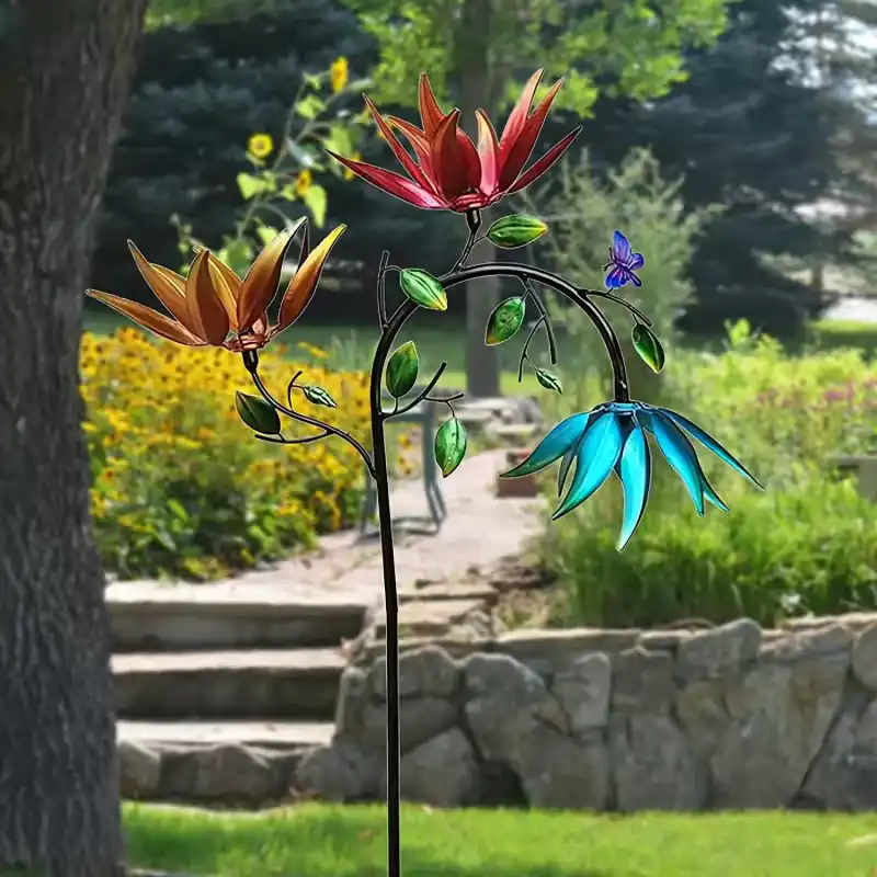 Large Metal Wind Turbine with Three Rotating Metal Flower Butterfly Windmills for Outdoor Courtyard Garden